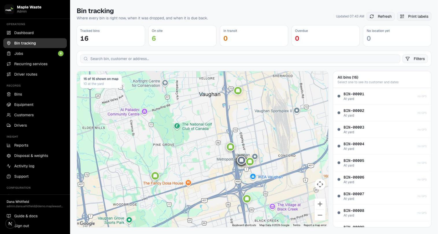 Bin tracking — the live map