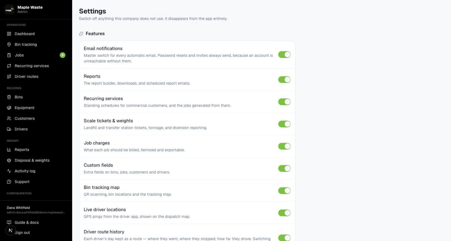 Settings — features, notifications, retention
