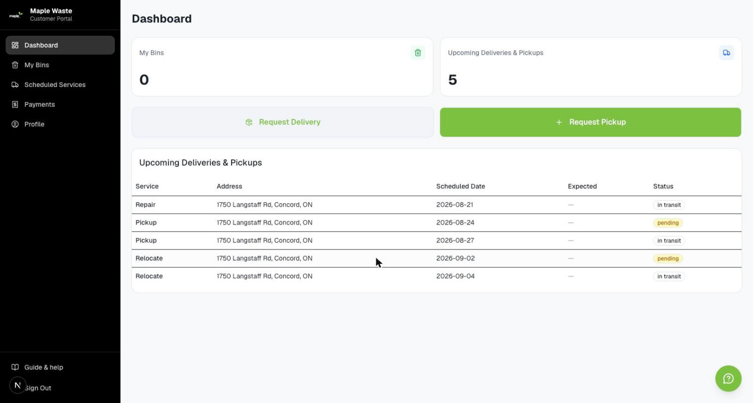 Customer portal — Dashboard